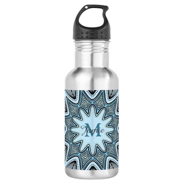 Verziertes blaues Monogramm-Mandala personalisiert Edelstahlflasche (Vorderseite)