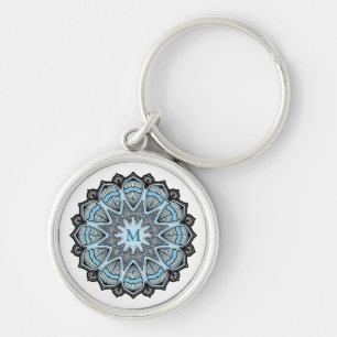 Verziertes blaues Monogramm-Mandala Schlüsselanhänger
