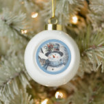 Verziertes Blue Snowman-Gesicht mit einem Tophat Keramik Kugel-Ornament<br><div class="desc">Ein glücklicher Schneemann mit Tophat und Karottennase</div>