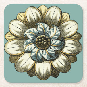 Verziertes Blumenmedaillon auf hellblauem Rechteckiger Pappuntersetzer