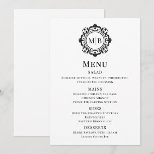 Verziertes Blumenmenü für Monogramme - Schwarz-wei Menükarte
