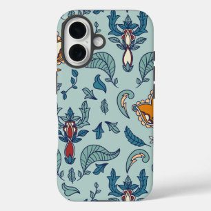 Verziertes Blumenmuster auf einem hellblauen Hinte iPhone 16 Hülle
