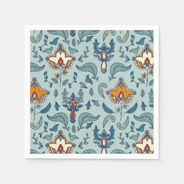 Verziertes Blumenmuster auf einem hellblauen Hinte Serviette (Vorderseite)