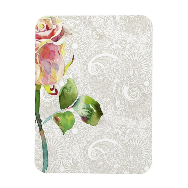 Verziertes Blumenmuster mit rosa Aquarellfarbe Ros Magnet (Vertikal)
