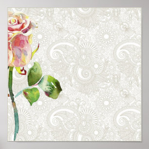 Verziertes Blumenmuster mit rosa Aquarellfarbe Ros Poster