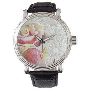 Verziertes Blumenmuster mit rosa Watercolor-Rose Armbanduhr