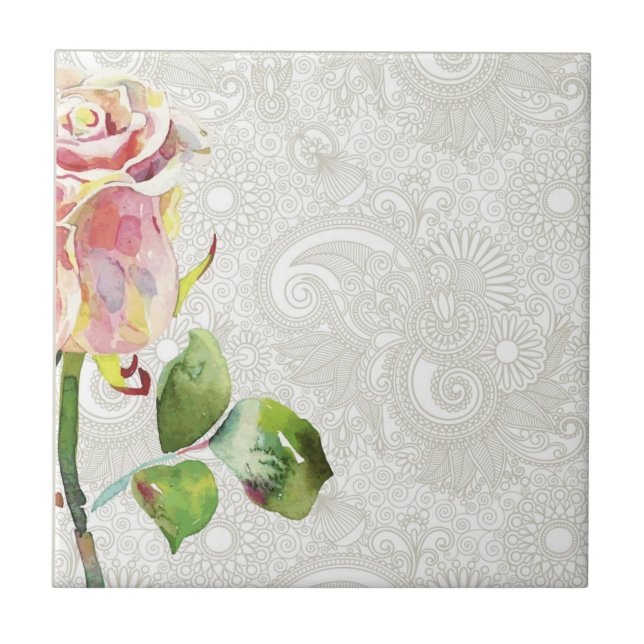 Verziertes Blumenmuster mit rosa Watercolor-Rose Fliese (Vorderseite)