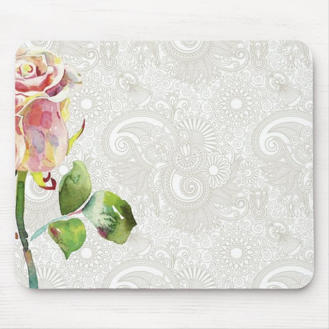 Verziertes Blumenmuster mit rosa Watercolor-Rose Mousepad (Vorne)