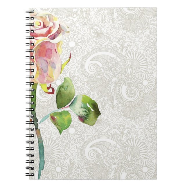 Verziertes Blumenmuster mit rosa Watercolor-Rose Notizblock (Vorderseite)