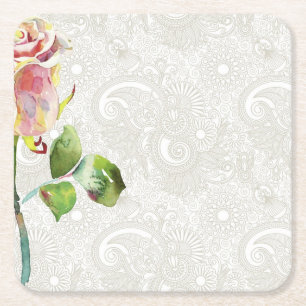 Verziertes Blumenmuster mit rosa Watercolor-Rose Rechteckiger Pappuntersetzer