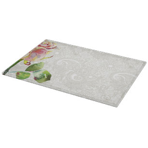 Verziertes Blumenmuster mit rosa Watercolor-Rose Schneidebrett