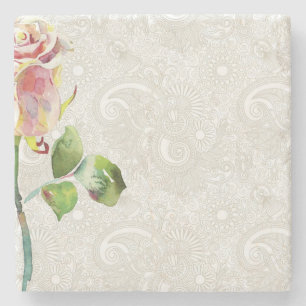 Verziertes Blumenmuster mit rosa Watercolor-Rose Steinuntersetzer