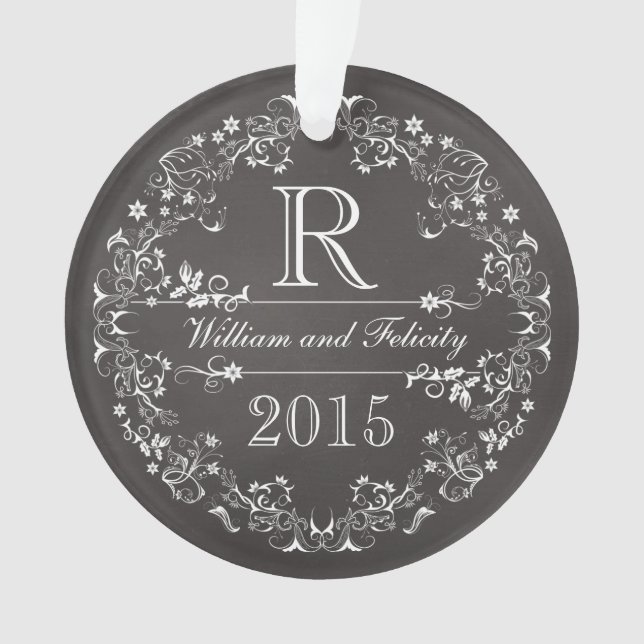 Verziertes Blumentafel-Monogramm-Wedding Jahr Ornament (Vorderseite)