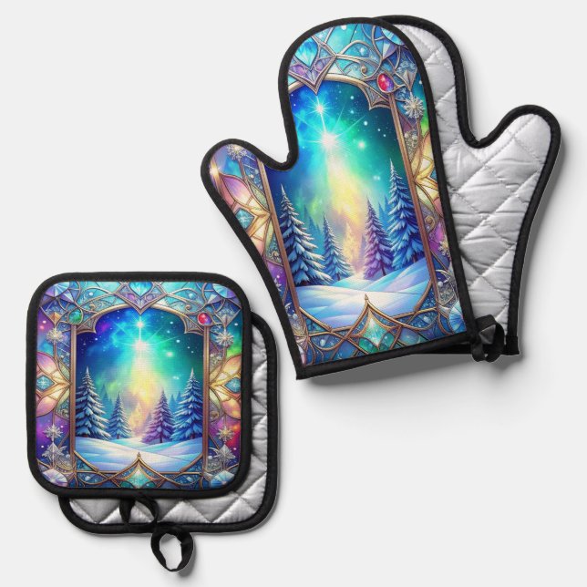Verziertes Buntglas Ofenhandschuh & Topflappen-Set (Vorderseite/Rückseite)