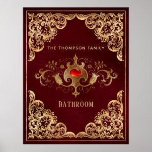Verziertes Burgund und Gold Vintag Ruby Gemstone Poster