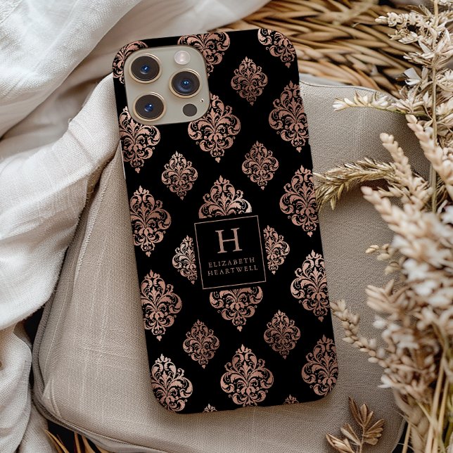 Verziertes Damask Muster Monogram Rose Gold Schwar Case-Mate iPhone Hülle (Von Creator hochgeladen)