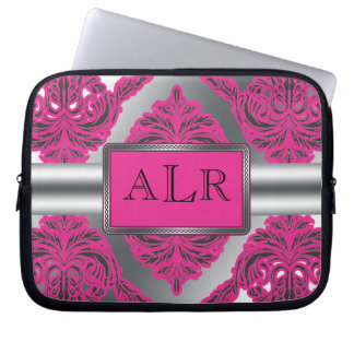 Verziertes Damast-Rosa, Schwarzes, Silber Laptopschutzhülle