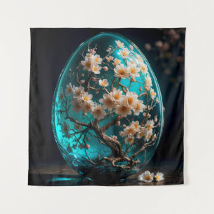 Verziertes Ei aus Glas mit blühendem Sakura Wandteppich