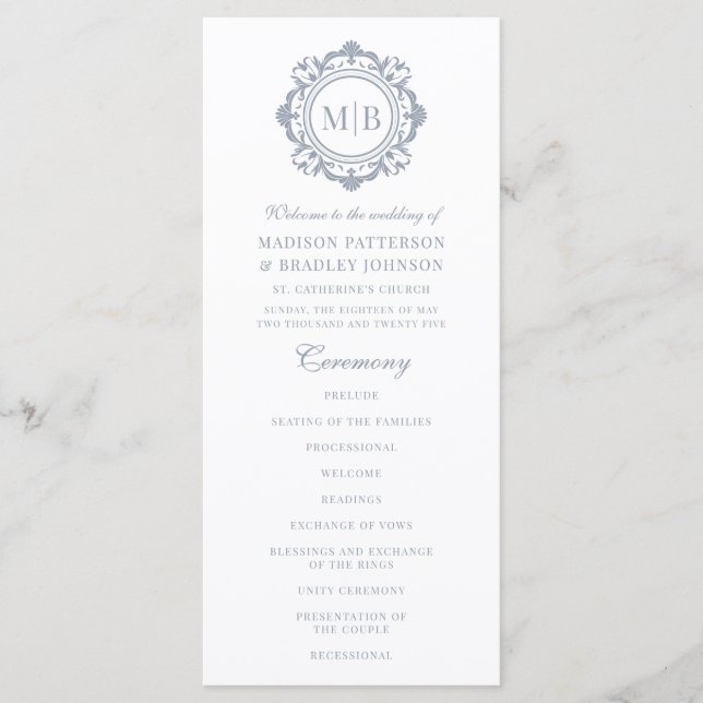 Verziertes florales Monogramm Hochzeit Elegantes S Programm (Vorderseite)