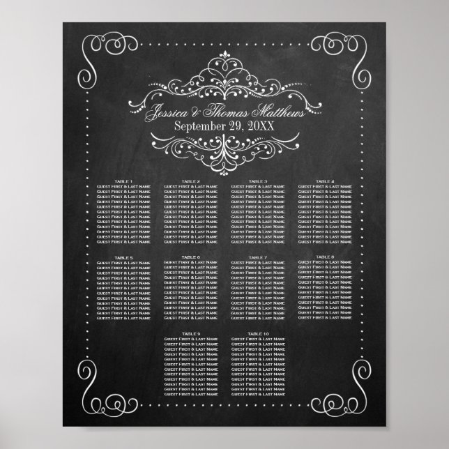 Verziertes Flourish-Kreidetafel-Hochzeits-Sitzplan Poster (Vorne)