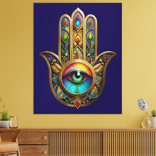 Verziertes Gold Farbenfrohe Hamsa Grün auf Rotem D Leinwanddruck