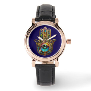 Verziertes Gold Farbenfrohes Hamsa Grün auf Rotem Armbanduhr