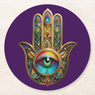 Verziertes Gold Farbenfrohes Hamsa Grün auf Rotem  Runder Pappuntersetzer