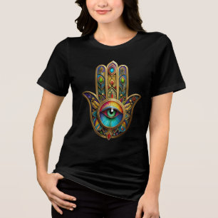 Verziertes Gold Farbenfrohes Hamsa Grün auf Rotem Tri-Blend Shirt
