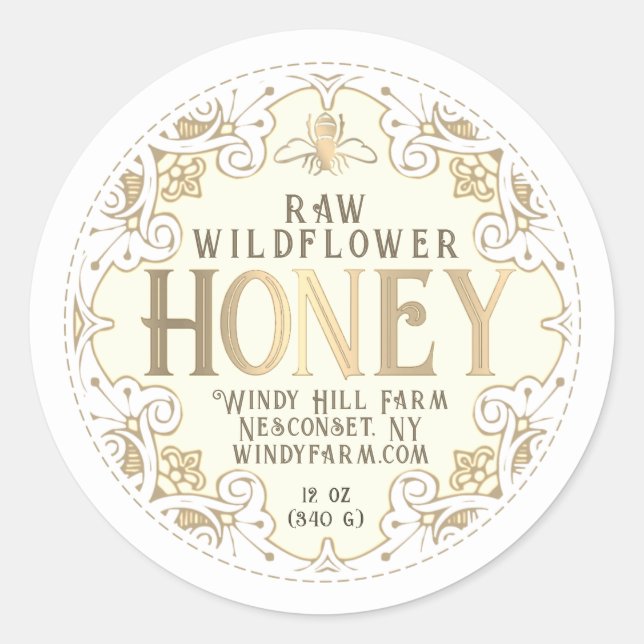 Verziertes Gold Frame Bee Lilie Honey Label Runder Aufkleber (Vorderseite)