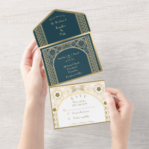 Verziertes Gold - Hochzeitseinladung All In One Einladung