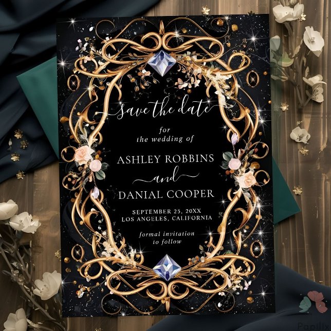 Verziertes Gold und Diamanten Save the Date schwar Einladung (Von Creator hochgeladen)