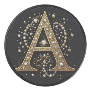 Verziertes goldenes Buchstabe A Luxus-Monogramm im Eishockey Puck