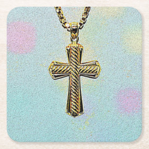 Verziertes Goldkreuz und -kette Rechteckiger Pappuntersetzer