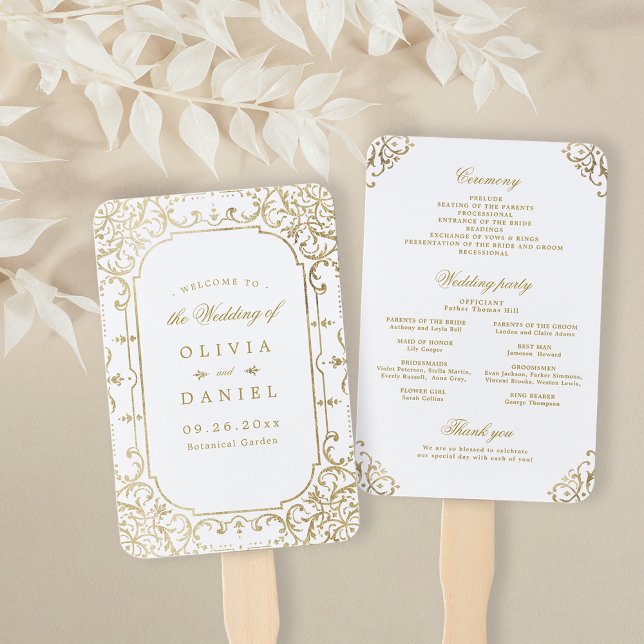 Verziertes Hochzeitsprogramm für goldene Jahrgänge Fächer (Gold elegant ornate vintage wedding program hand fan)