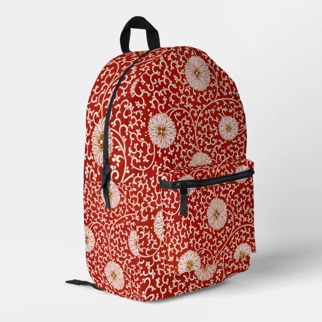 Verziertes klassisches Muster mit roter Blume Bedruckter Rucksack (Rückseitige Ecke links)
