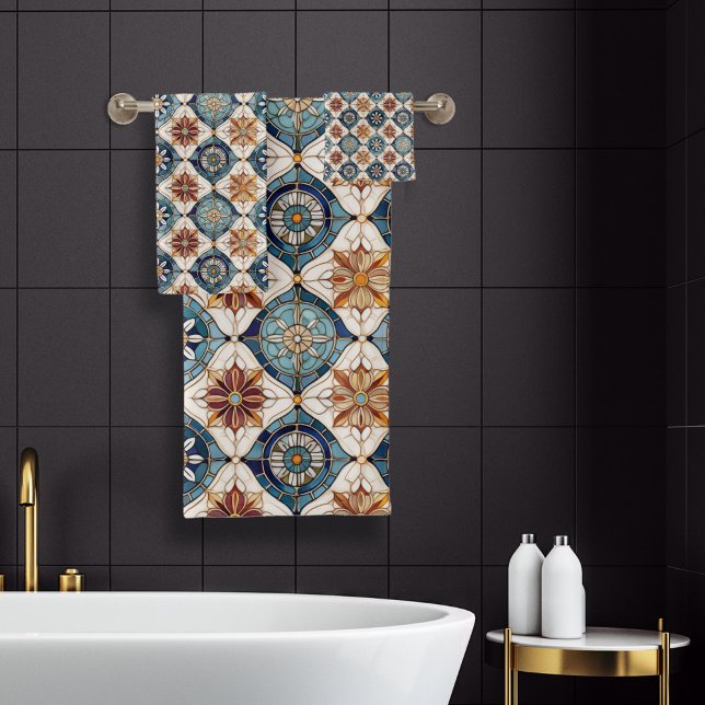 Verziertes marokkanisches Fliesenmuster#3 Blue Gol Badhandtuch Set (Von Creator hochgeladen)