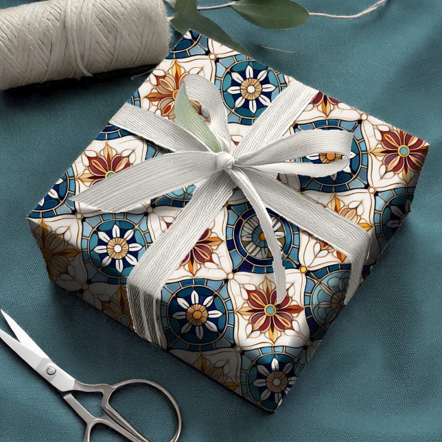 Verziertes marokkanisches Fliesenmuster#3 Blue Gol Geschenkpapier (Von Creator hochgeladen)