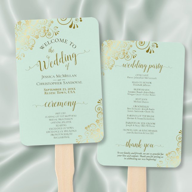 Verziertes Mint Green & Gold Hochzeitsprogramm Fächer (Front/Back)
