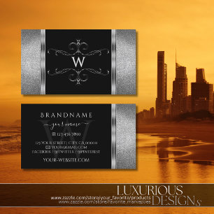 Verziertes Monogramm des Schwarz-Silber-Glitzer Visitenkarte