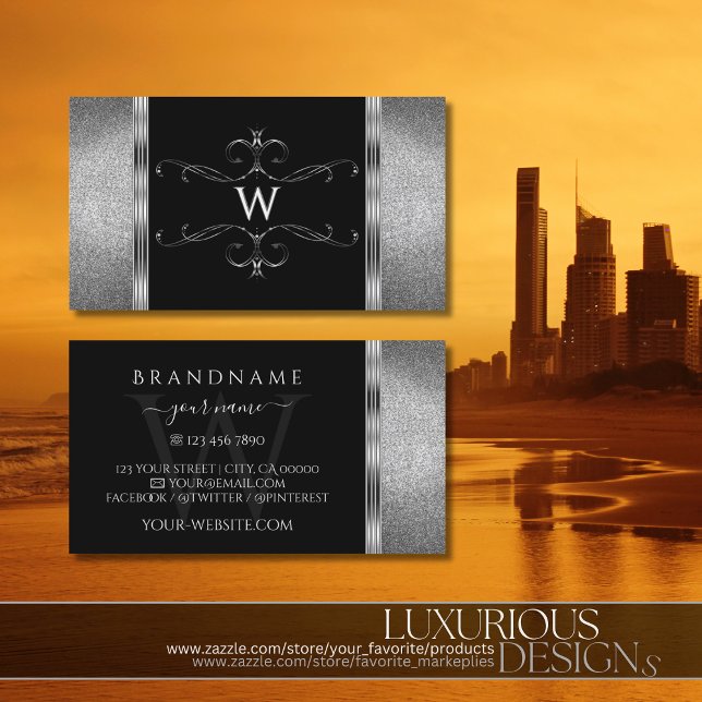 Verziertes Monogramm des Schwarz-Silber-Glitzer Visitenkarte (Von Creator hochgeladen)