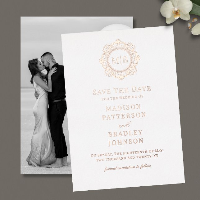 Verziertes Monogramm-Foto mit der Blume speichern  Folieneinladung (Von Creator hochgeladen)