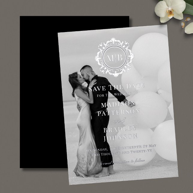 Verziertes Monogramm-Foto mit der Blume speichern  Folieneinladung (Von Creator hochgeladen)