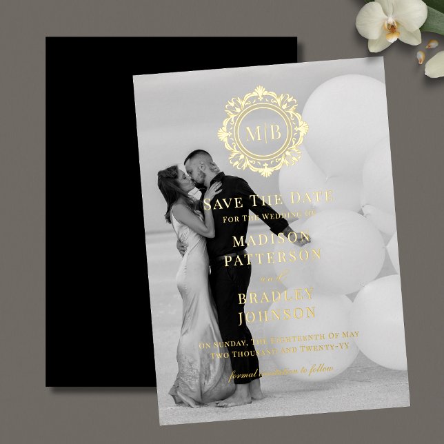 Verziertes Monogramm-Foto mit der Blume speichern  Folieneinladung (Von Creator hochgeladen)