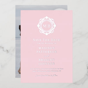 Verziertes Monogramm-Foto mit der Blume speichern Folieneinladung