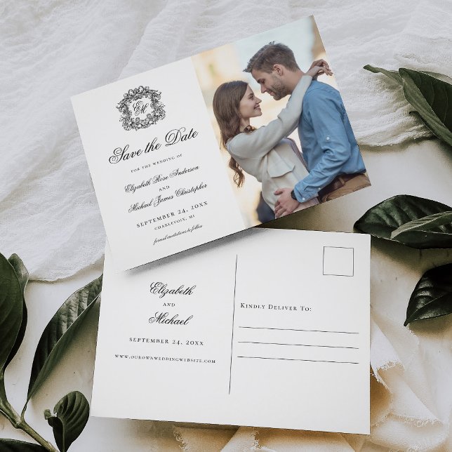 Verziertes Monogramm Wappen Save the Date Foto Ankündigungspostkarte (Von Creator hochgeladen)