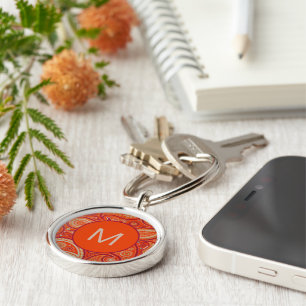 Verziertes Orange Paisley Muster Monogramm Schlüsselanhänger