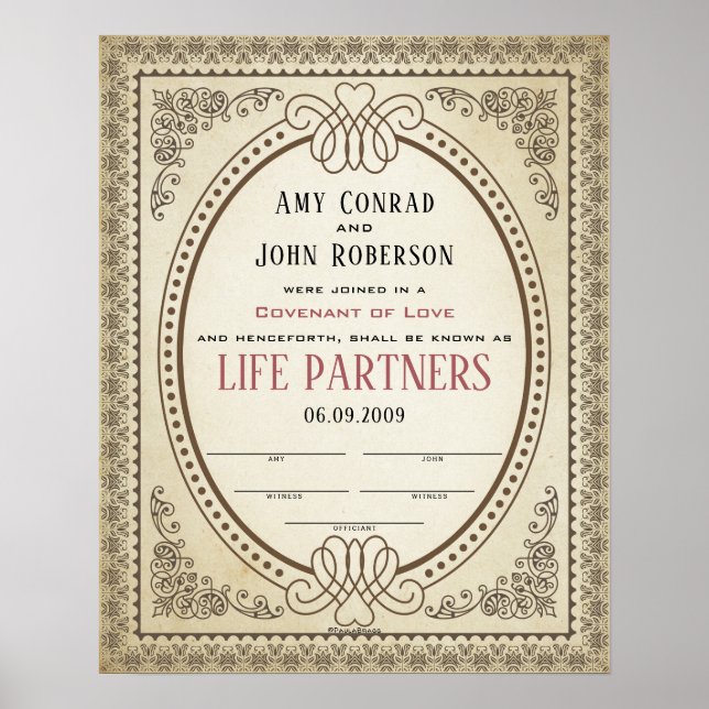 Verziertes Oval Border Frame Wedding Certificate Poster (Vorne)