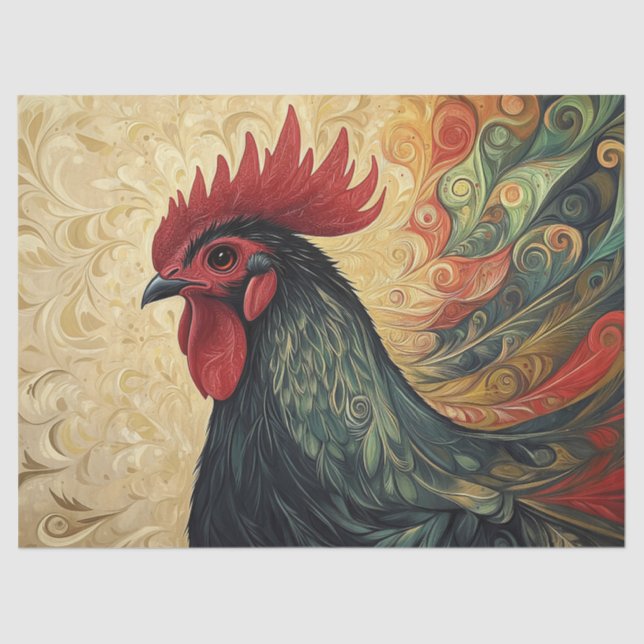 Verziertes Rooster-Portrait-Dekoupage Seidenpapier (Vorderseite)