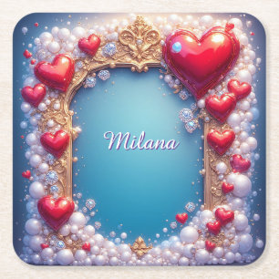 Verziertes Rotes Herz mit Gold und Perlen Rechteckiger Pappuntersetzer