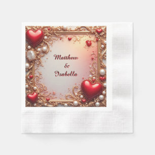Verziertes Rotes Herz mit Gold und Perlen Serviette